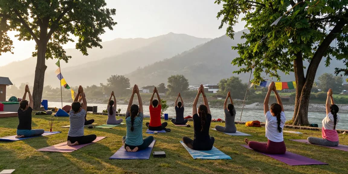 Participants enjoying a yoga retreat in Rishikesh amidst serene mountain views, embracing wellness and tranquility.