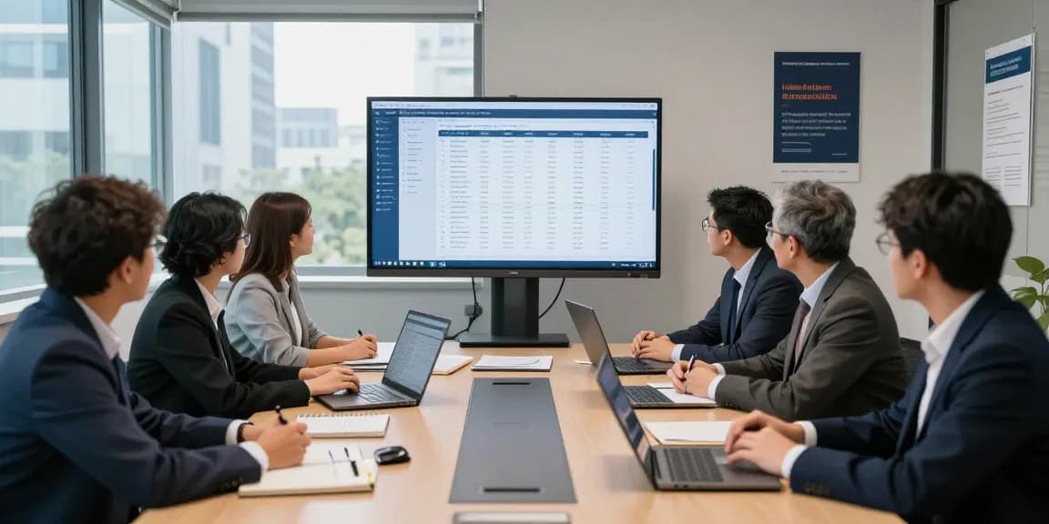 Collaborative forensic audit team at aafikotabekasi.org analyzing financial data in a professional conference room.