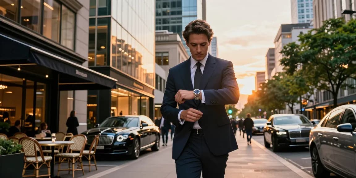Stylish individual with a rolex replica watch in an urban luxury setting.