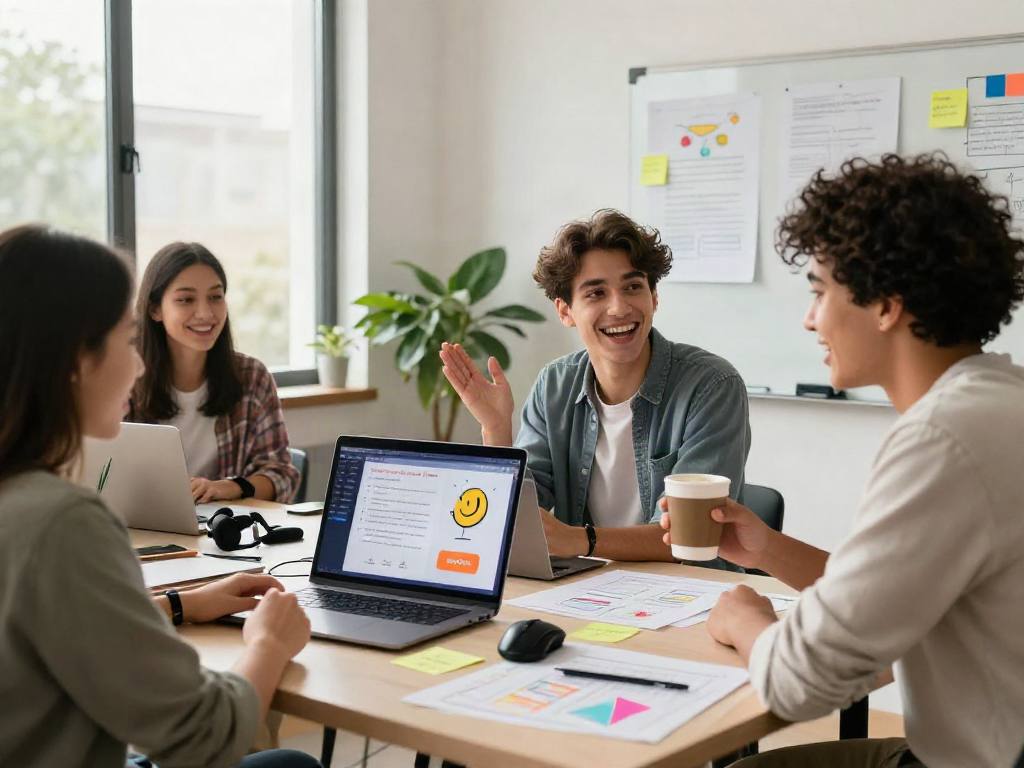 SpicyChat user engaging in lively conversation at a modern workspace.