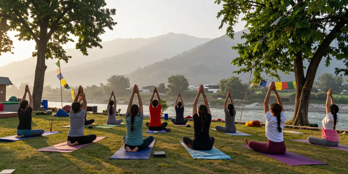Participants enjoying a yoga retreat in Rishikesh amidst serene mountain views, embracing wellness and tranquility.