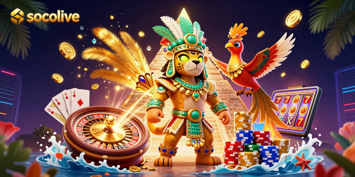 Socolive's online gaming showcases a Mayan jaguar priest amidst a vibrant casino scene, engaging players in a colorful, immersive atmosphere.