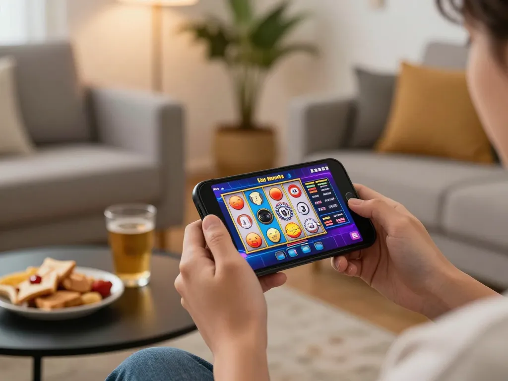 Enjoying Slot Malaysia mobile gaming with smartphone in a cozy home setting