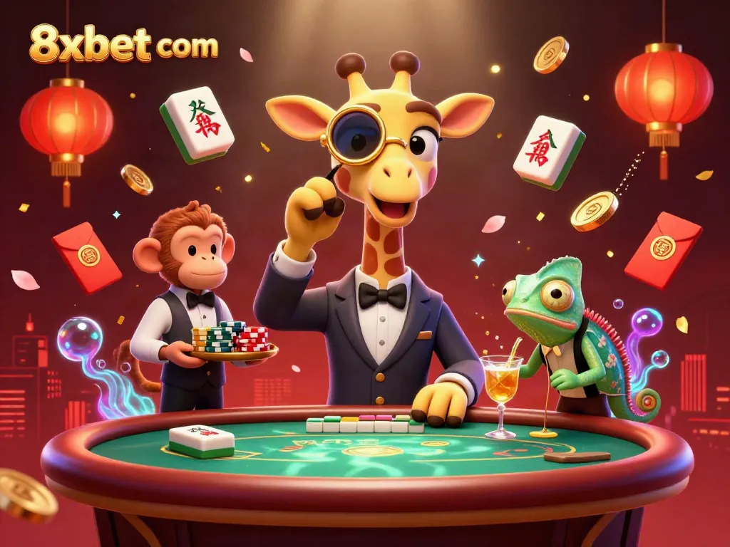 Win big at 8xbet com with vibrant casino scenes featuring a high-roller giraffe and colorful game elements.