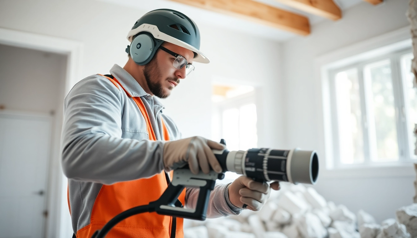 Inspecting professional spray foam removal in a home with advanced tools and safety equipment.