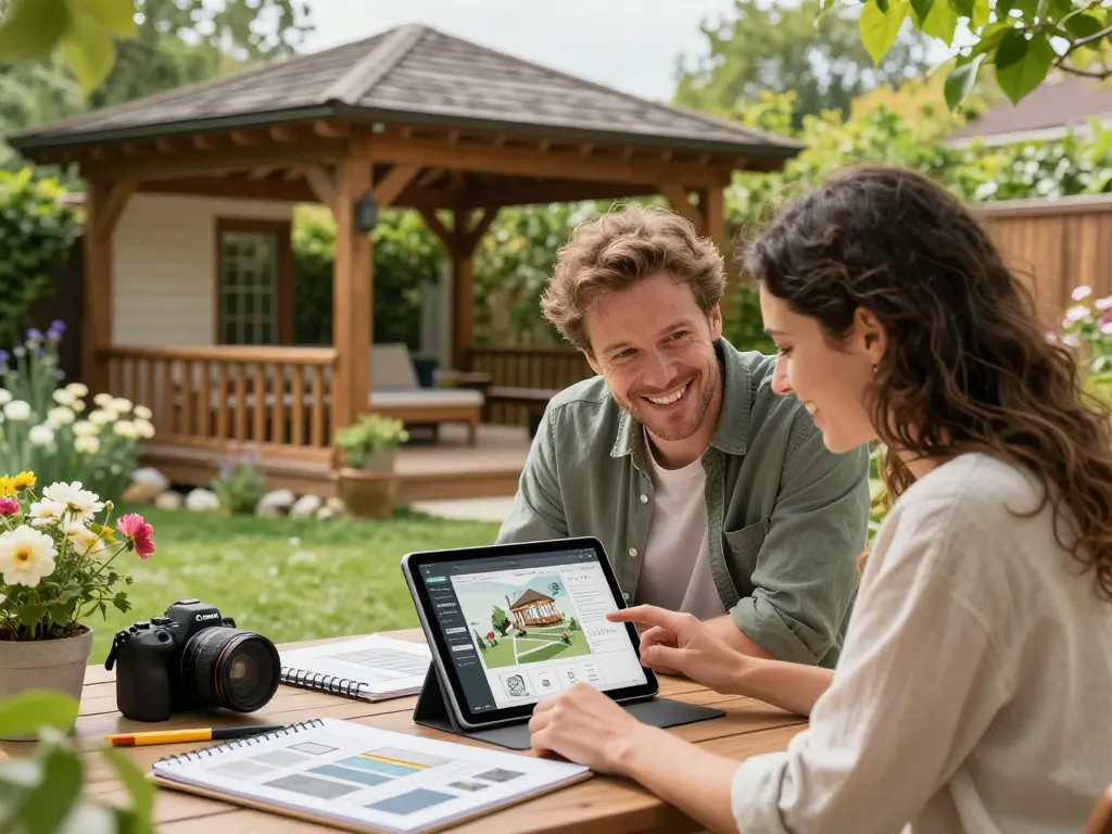 Couple using a veranda configurator in their lush garden, showcasing outdoor design options.