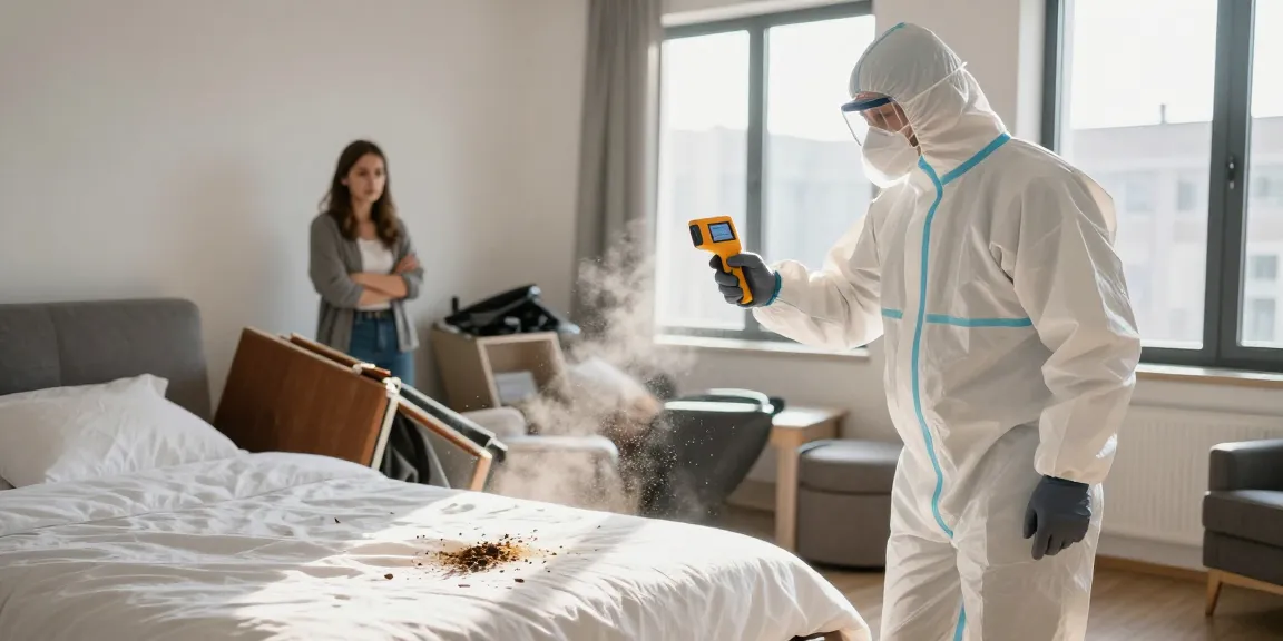 Bed bug heat treatment in a Milwaukee apartment with an exterminator using heating equipment