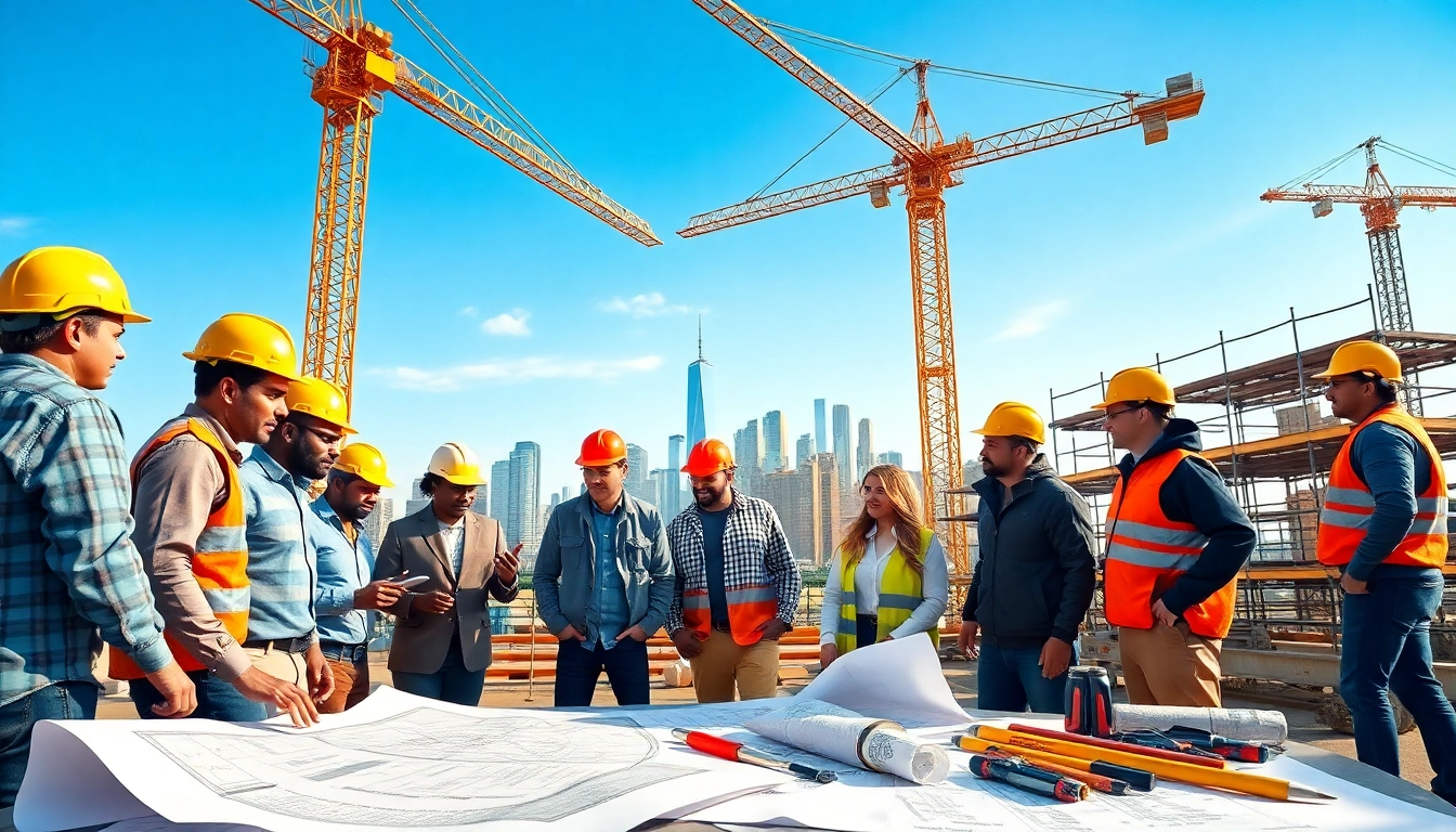 New York City General Contractor leading a construction team amidst a bustling skyline.