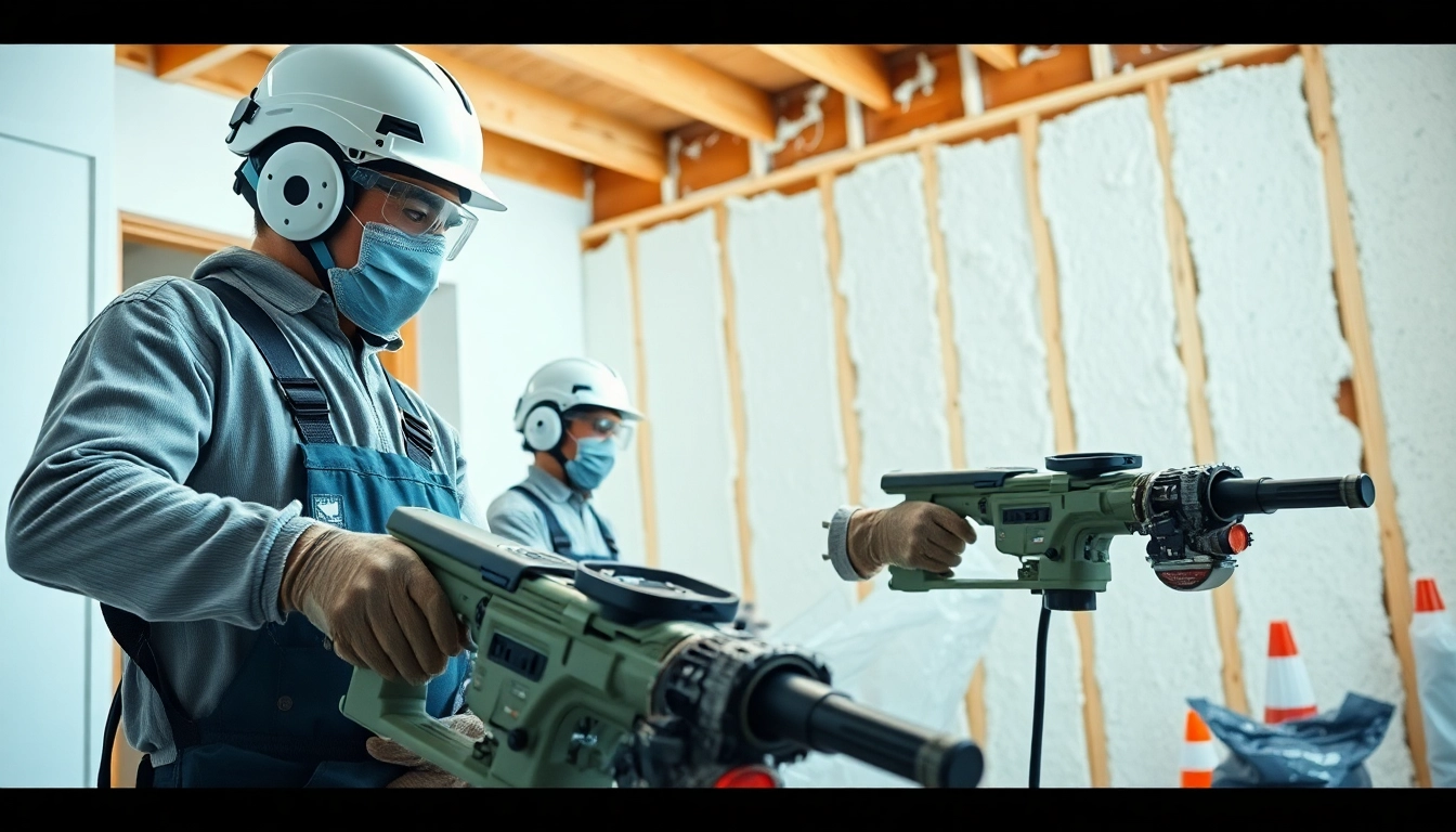 Technicians efficiently working with spray foam removal companies tools in a clean, bright interior.