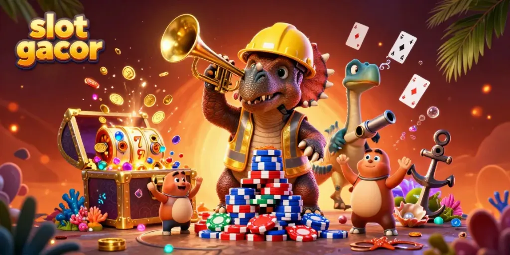 Experience the excitement of slot gacor with cartoon dinosaurs building poker chip pyramids amidst colorful gems