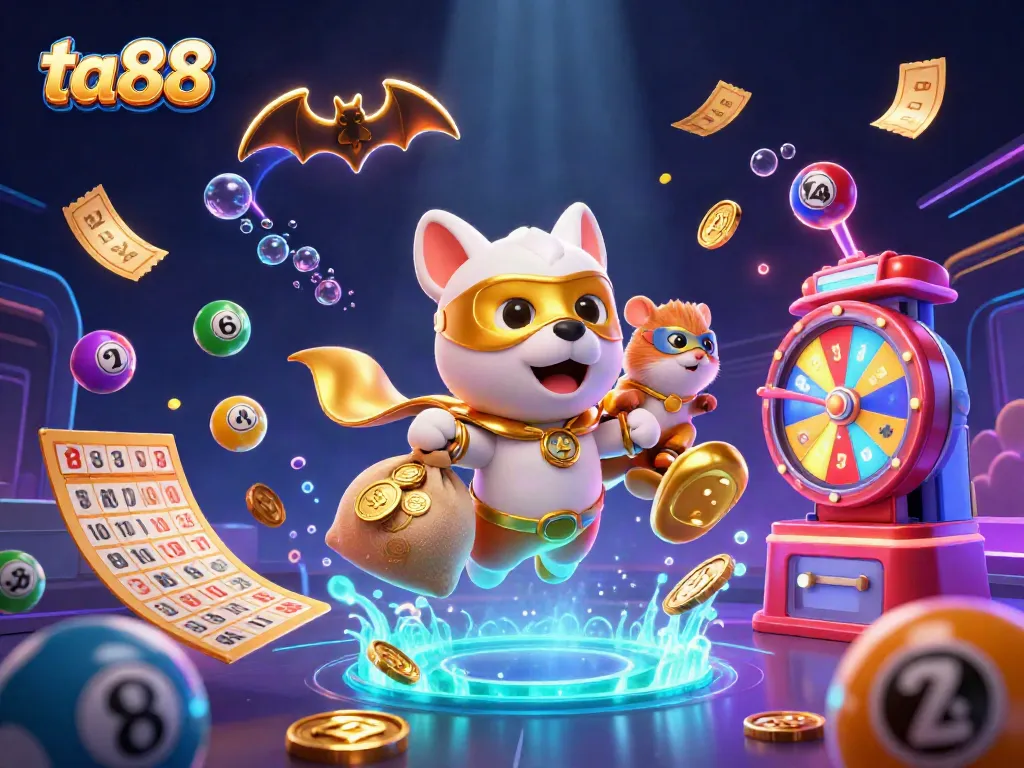 Engage with ta88 as a superhero dog flies through a vibrant casino-themed world.
