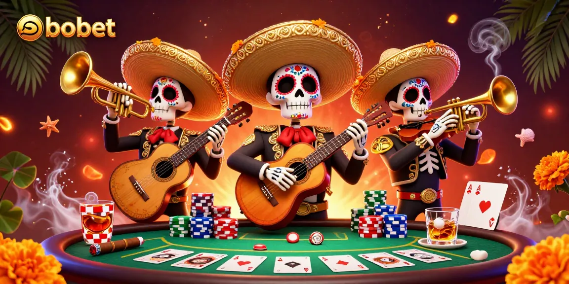 Experience sbobet excitement with a vibrant poker scene featuring mariachi skeletons.