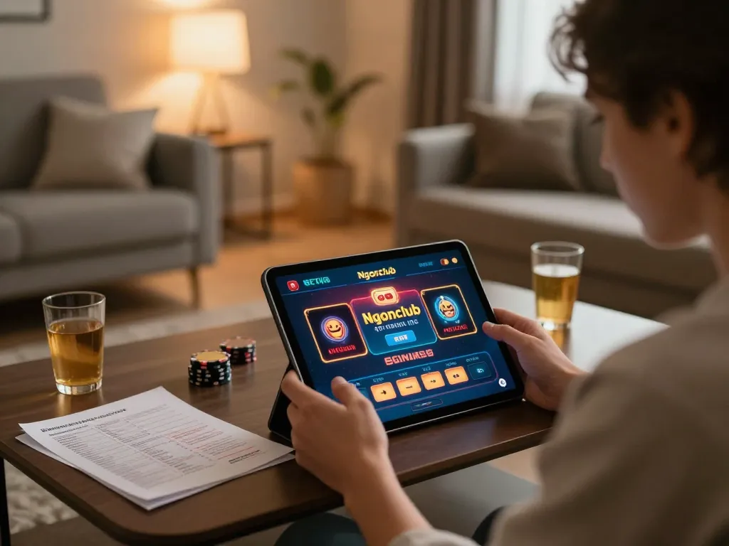 Engage with Ngonclub online casino app on a cozy home gaming setup, conducive for strategic plays.