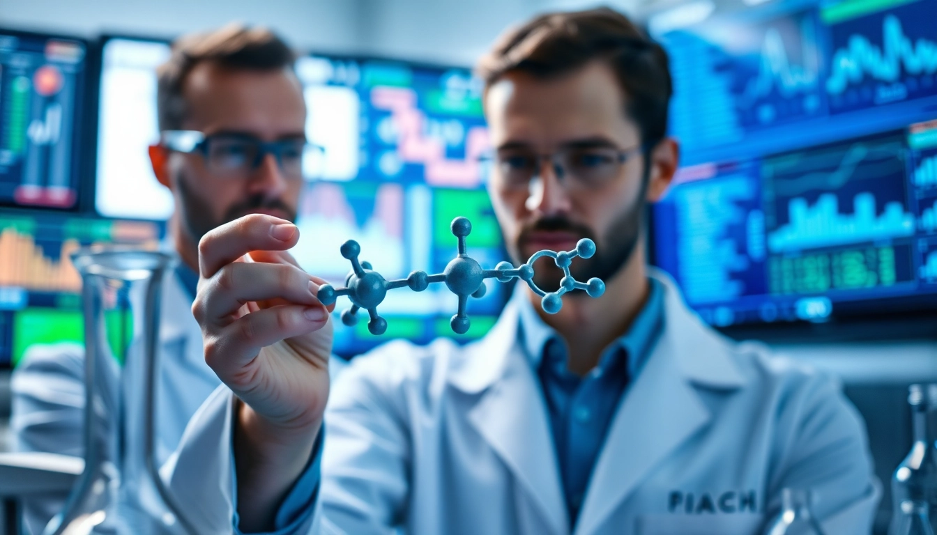 Scientist analyzing molecular structure of Retatrutide in a bright laboratory.