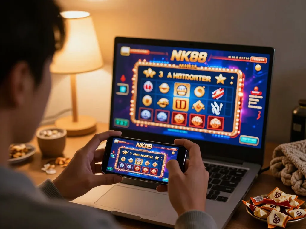 Engaging player enjoying dynamic casino games via NK88 nhà cái app at home.