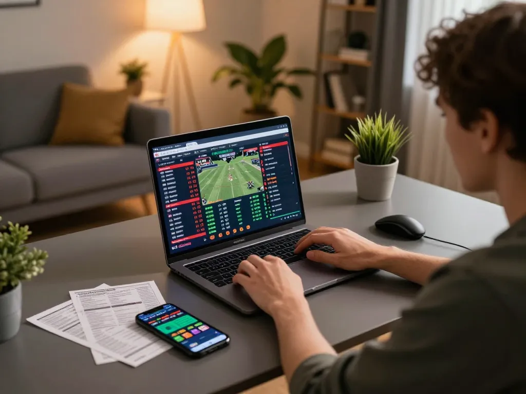 Engaged bettor analyzing live betting odds on a laptop in a warm home office atmosphere, embodying responsible gambling with 7m.
