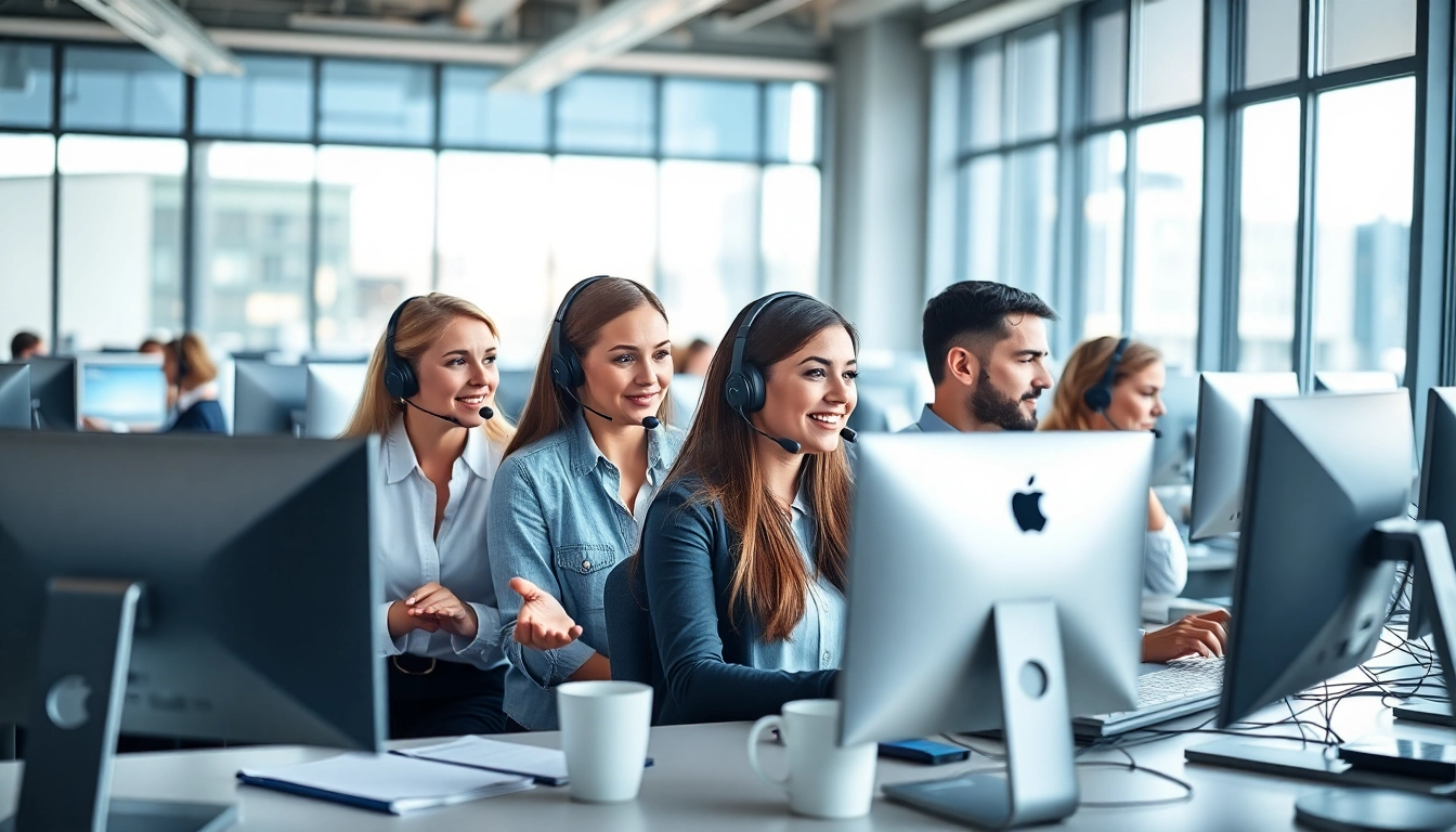 Engaged agents utilizing call centre software in a dynamic office environment.