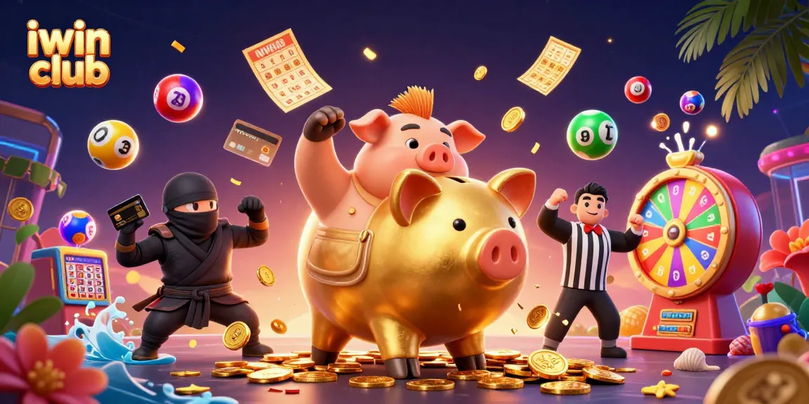 Experience the excitement of iwin club with a dynamic illustration showcasing a golden piggy bank sumo wrestler in action.