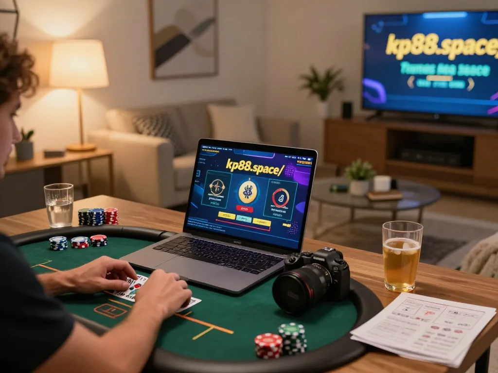 Person engaging in live dealer gaming at https://kp88.space/ with cozy ambiance and promotional banners