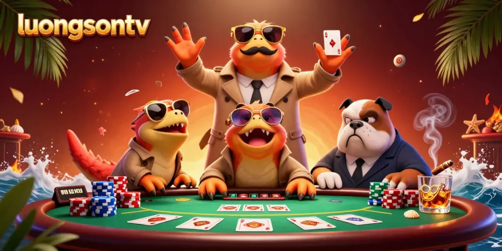 Engage with luongsontv's dynamic casino scene featuring 3D raptors and poker elements.