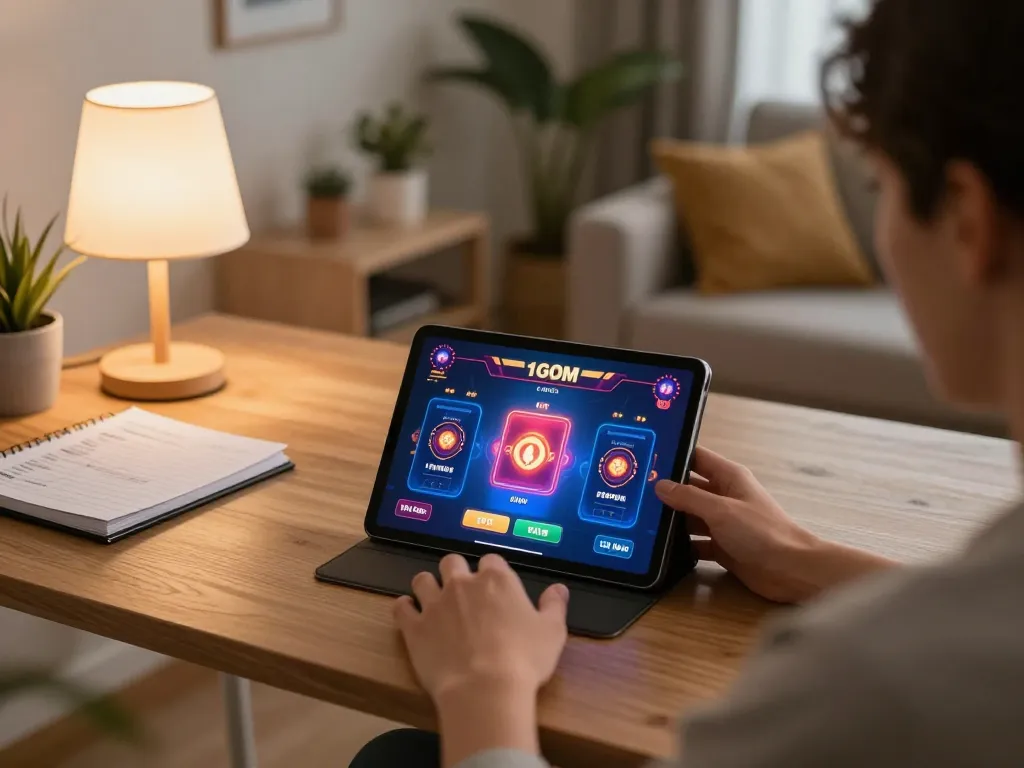 Player enjoying poker on 1gom interface in cozy home gaming setup, showcasing strategic online gambling experience.