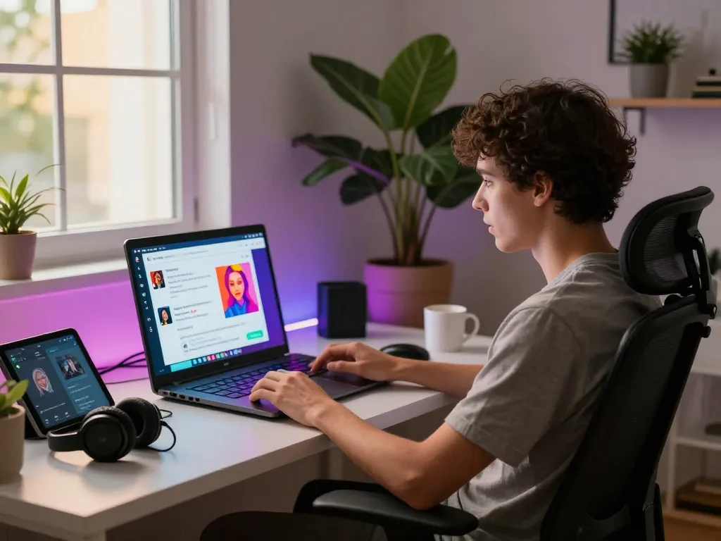 Engaging in an immersive nsfw ai conversation in a modern home office.