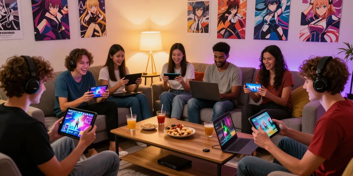 Group of gamers immersed in online hentai games on multiple devices, creating a vibrant, fun atmosphere.