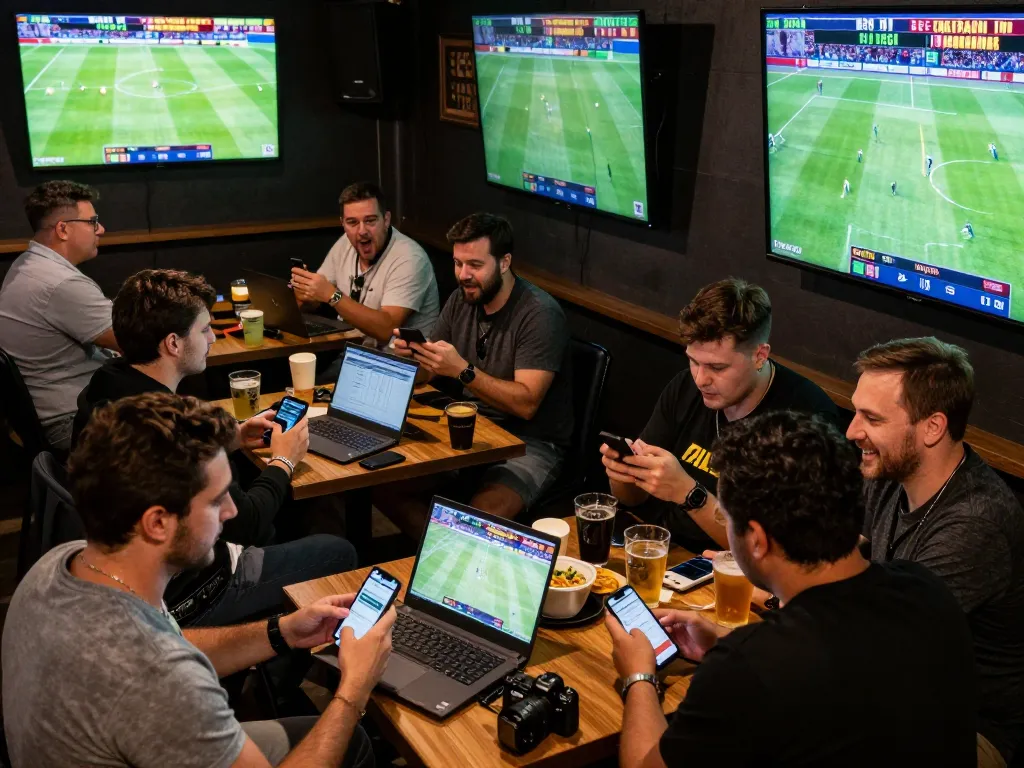 Keonhacai5 users actively engaging in live sports betting at a vibrant sports bar.