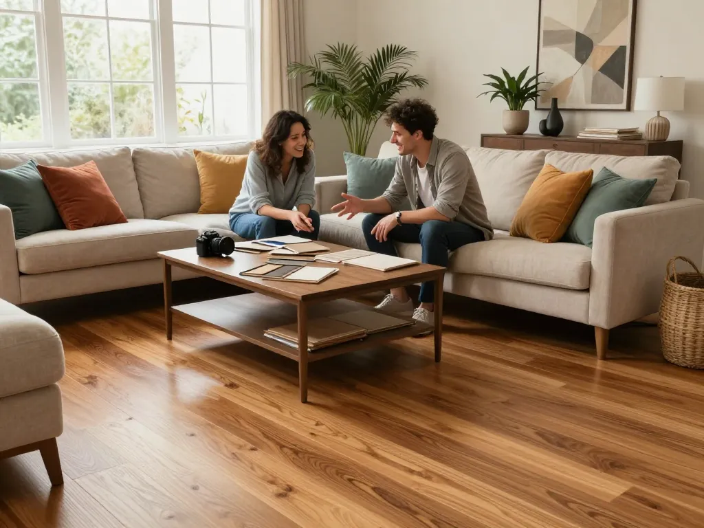 Couple discussing options with flooring specialists near me in elegant living room.
