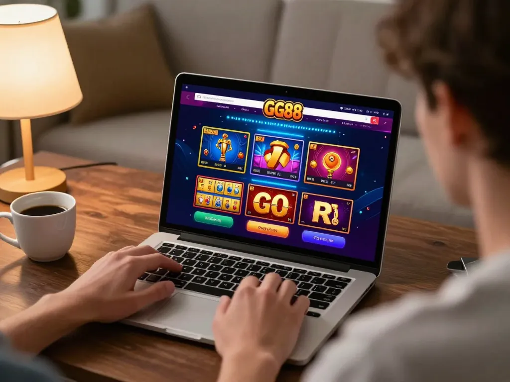 Player using GG88 online casino app on laptop, showcasing vibrant gameplay and responsible gaming.