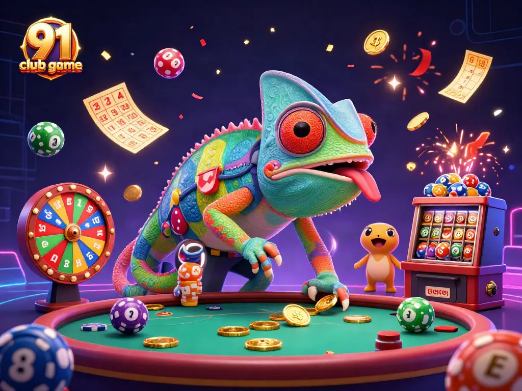 Engage in 91 club game with a vibrant casino scene featuring lively lottery balls, golden coins, and a dynamic chameleon.