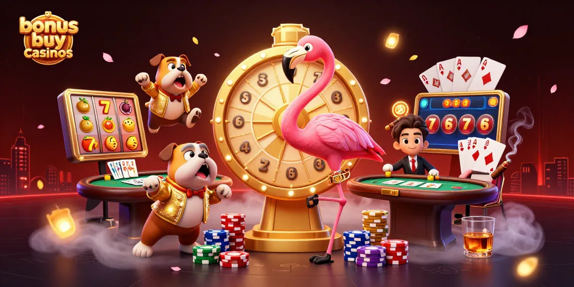 Engaging 3D scene showcasing bonus buy casinos with vibrant characters and slot elements.