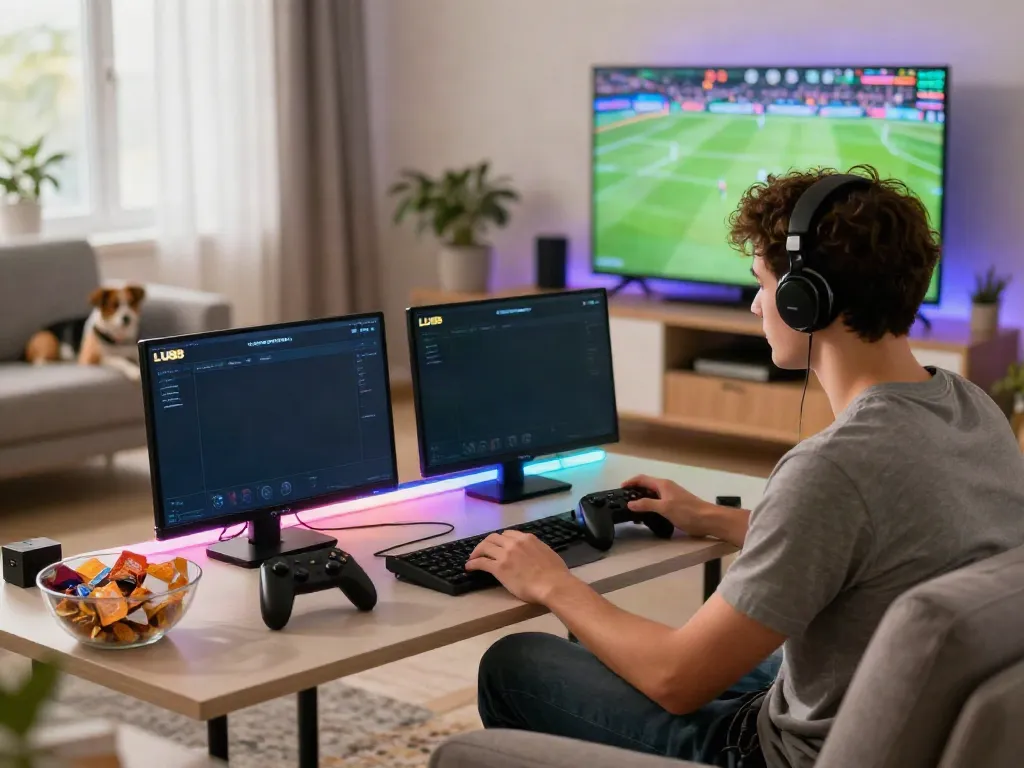 Engaged gamer enjoying LU88 online betting on a laptop in a cozy living room.