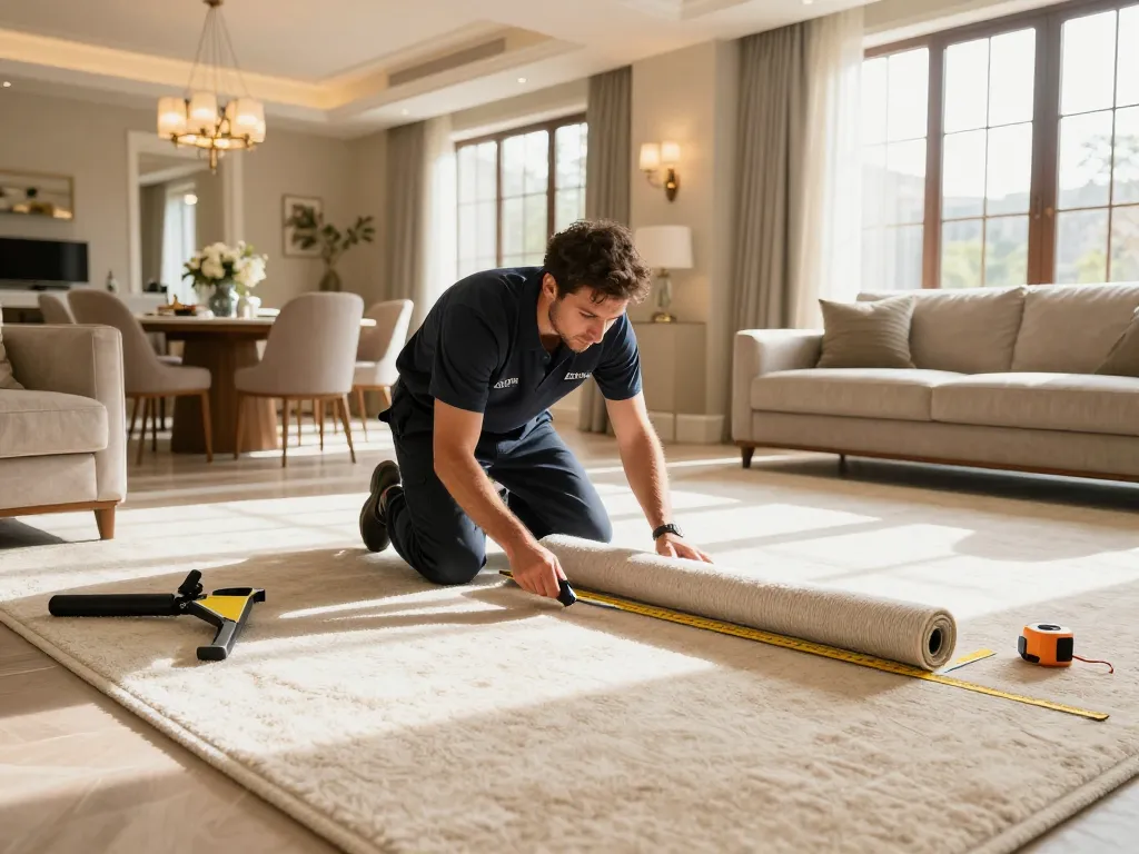 Expert carpet fitting services West London in a bright home setting with a professional installer laying carpet.