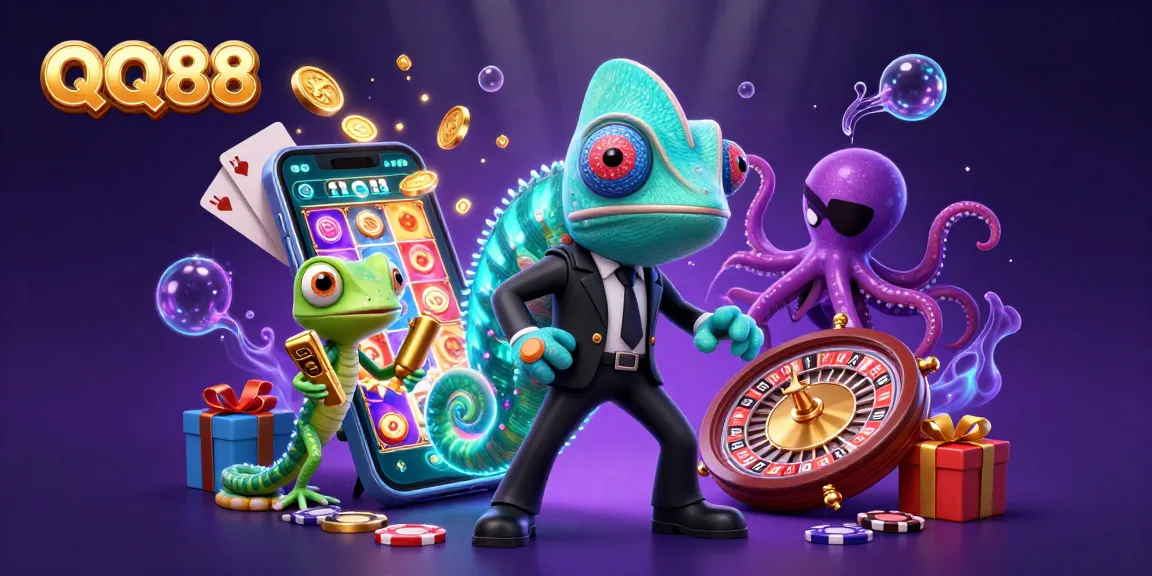 Engage in thrilling casino action with QQ88: Secret agent chameleon and tech-gecko duel in a vibrant 3D casino scene.