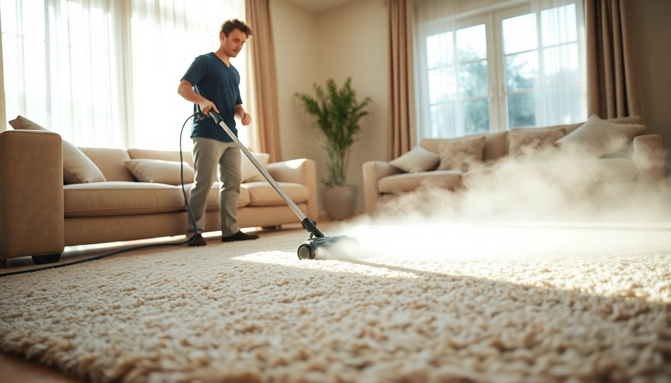 Professional carpet cleaning technician steam cleaning a luxurious rug in a sunlit room.