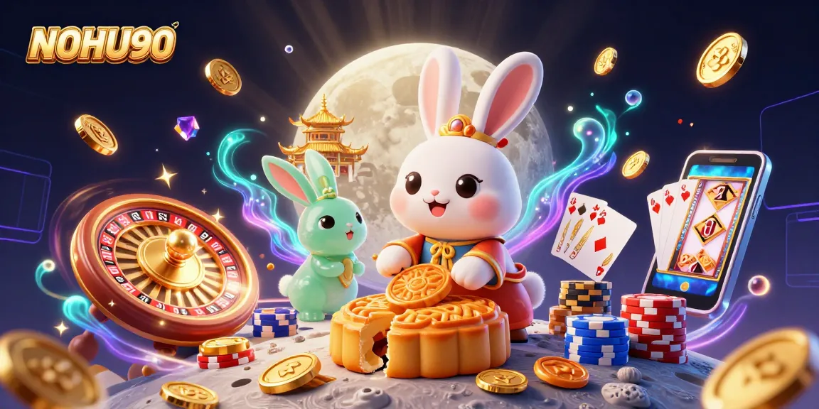 Experience the thrilling games at NOHU90 with its vibrant 3D casino illustration featuring a lucky moon rabbit.