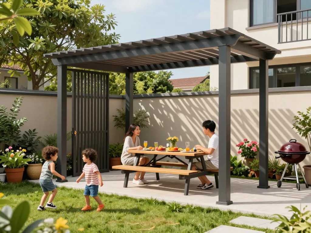 3d pergola providing shade to a family enjoying a vibrant picnic in their modern backyard.