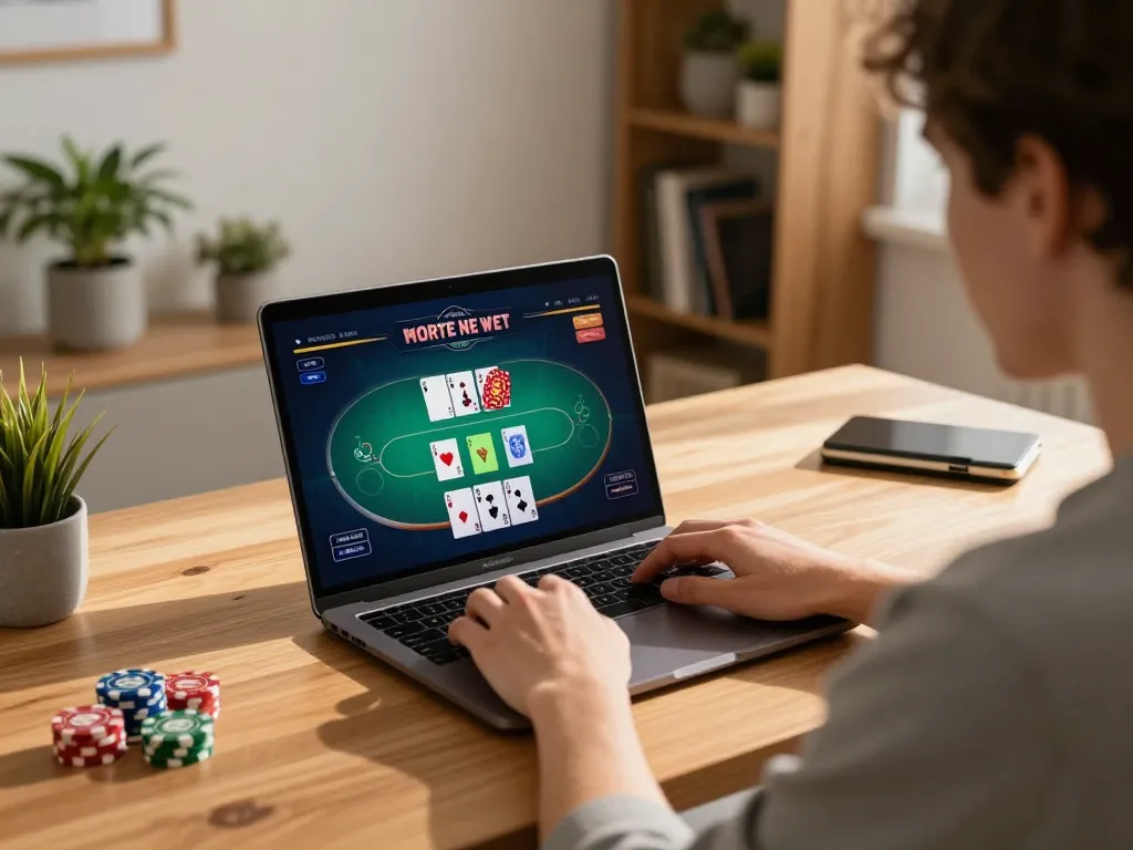 Engaging with 789WIN interface for online poker from a cozy home setup, showcasing strategy and comfort
