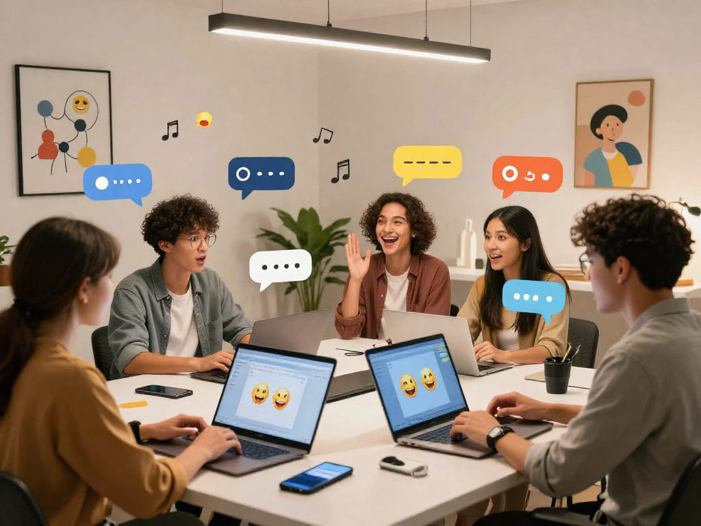 Vibrant spicychat conversation in a modern workspace with diverse participants and dynamic digital interfaces.