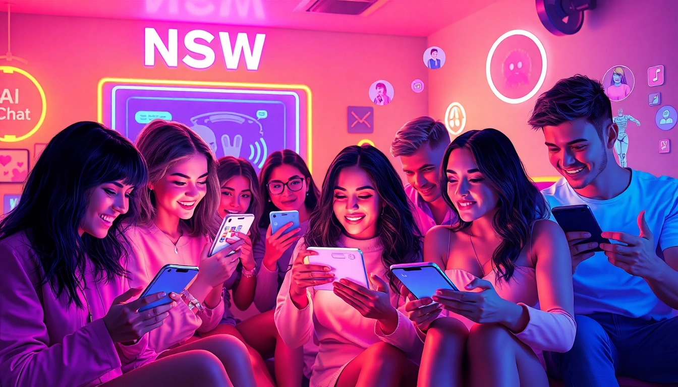 Engaging users experiencing nsfw ai chat platforms on various devices in a vibrant, tech-inspired setting.