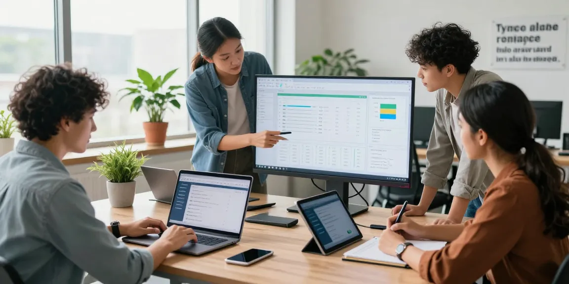 Team collaborating on a number checker tool in a modern office