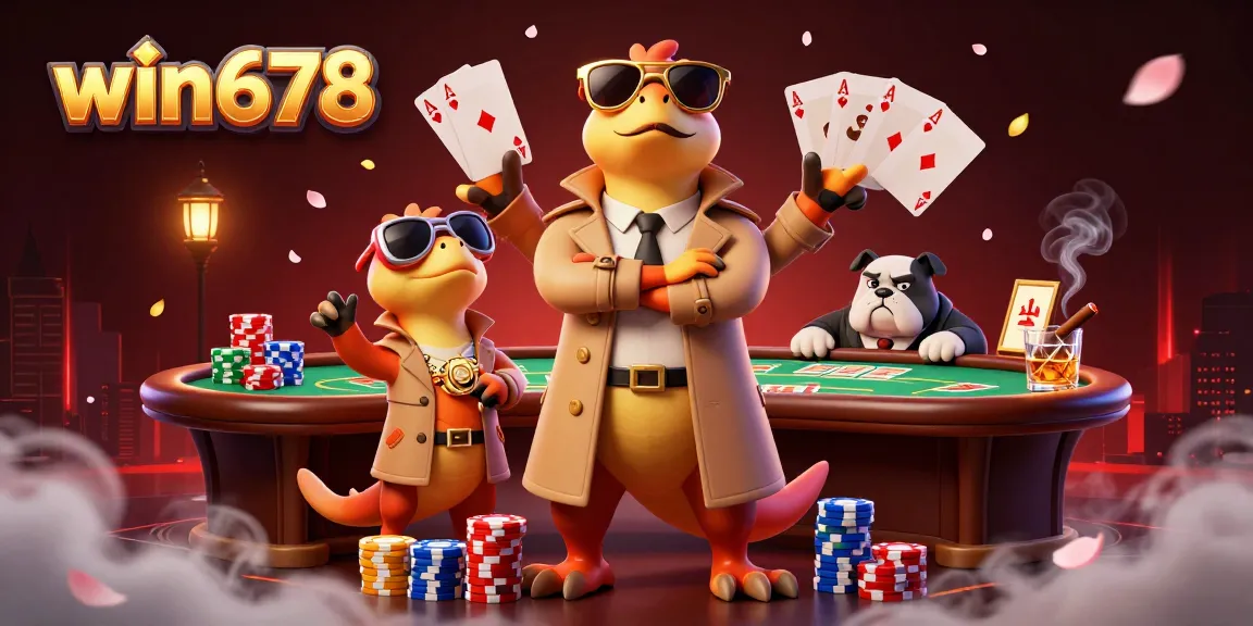 win678 illustration featuring three raptors in a trench coat attempting to enter a casino, surrounded by poker elements.