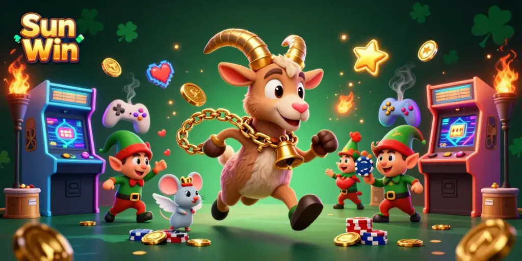 Experience thrilling gameplay at Sun Win with 3D cartoon characters in a festive casino setting.