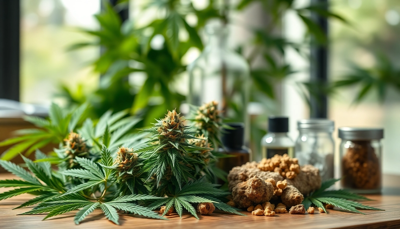 Showcase cannabis & weed for sale UK in a serene setting with vibrant plants and products.