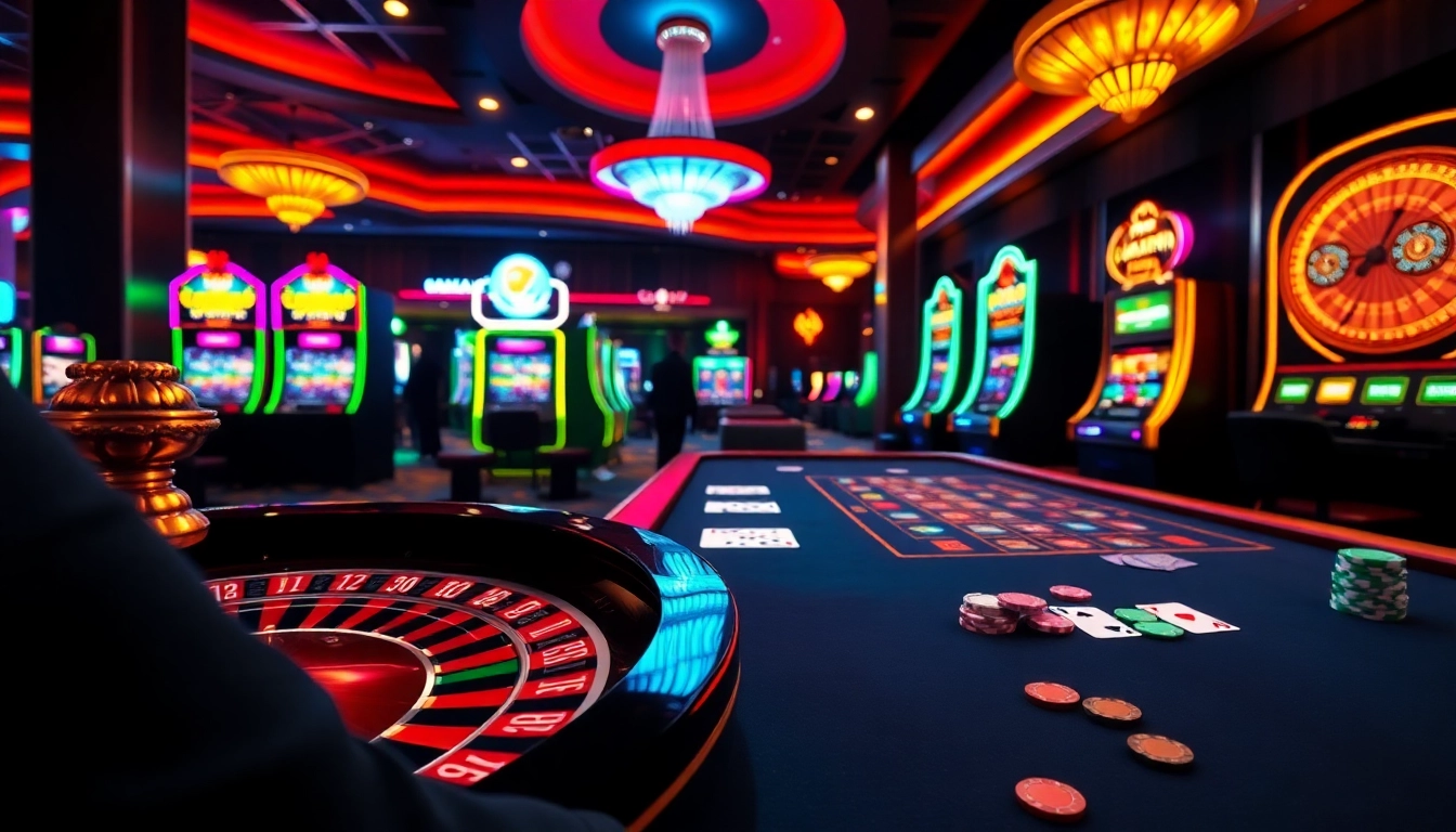 Exciting casino experience at https://789p7.io/ with vibrant slot machines and roulette table.
