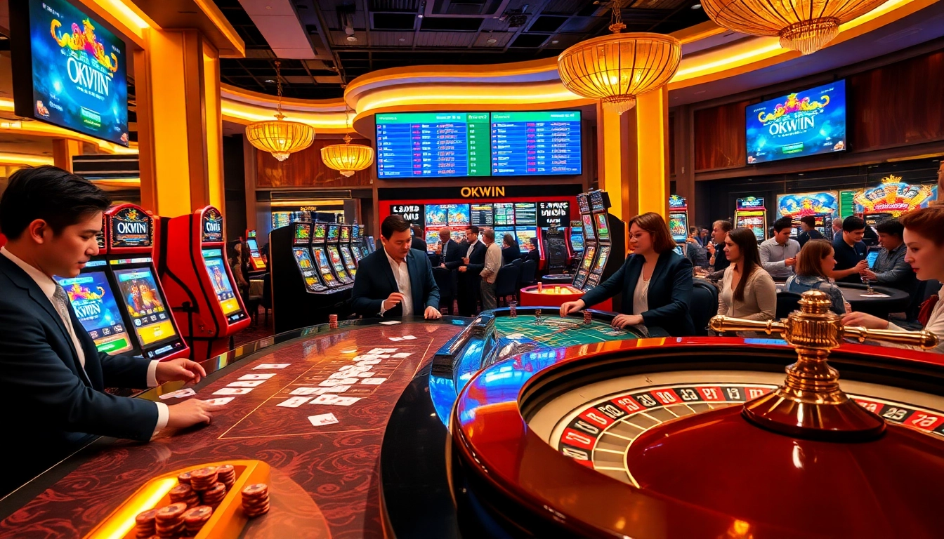 Players enjoying the vibrant casino experience at OKWIN with poker chips and exciting slot machines.
