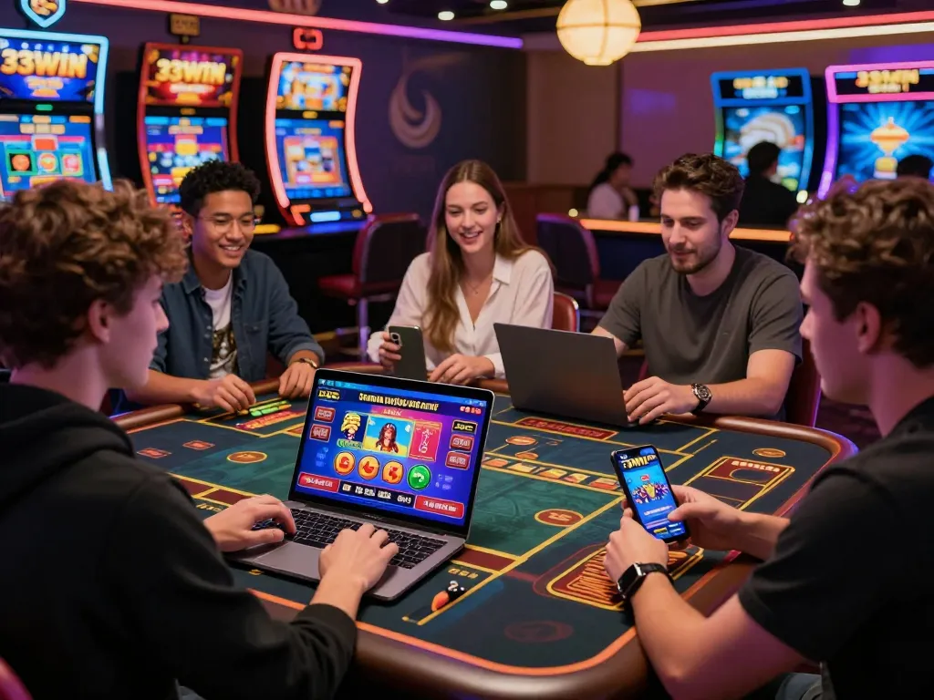 Players enjoying the interactive and vibrant 33WIN online betting experience amidst a modern virtual casino atmosphere.