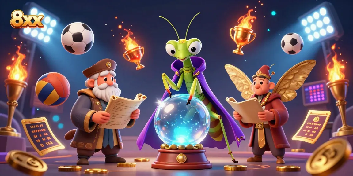 Bet on 8xx with fortune teller and librarian in mystical 3D illustration rich in sports elements.