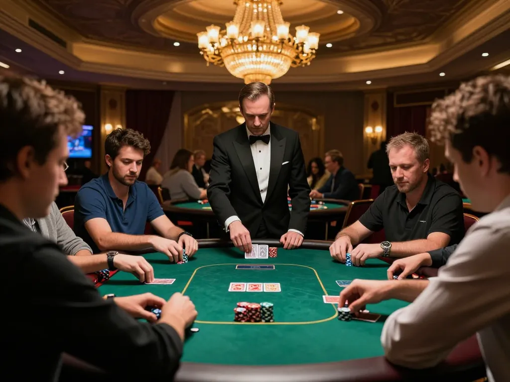 Players engaged in an intense poker game at an upscale casino, highlighting 33WIN strategies for winning